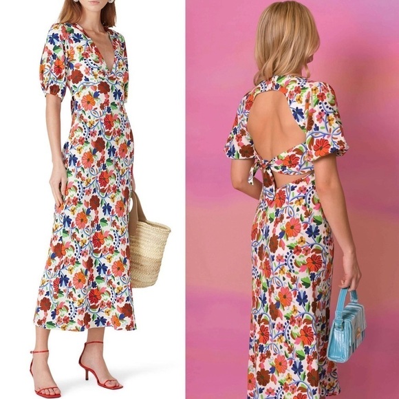 RIXO Floral Print Crepe Short Sleeve V-Neck Tied Cutout Open Back Midi Dress XS - Picture 13 of 16